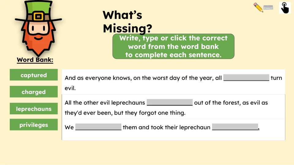 Missing-word activity uses captured, charged, leprechauns, and privileges to complete three story sentences.