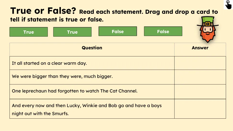 True-or-false activity checks four statements about the weather, relative size, TV channel, and the Smurfs.