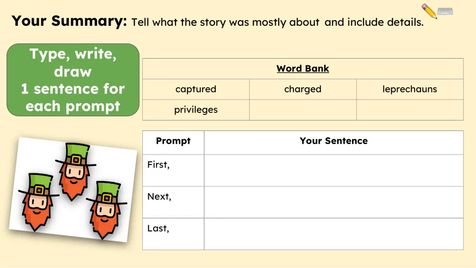 Summary activity asks for one sentence each for First, Next, and Last, using a four-word story vocabulary bank.