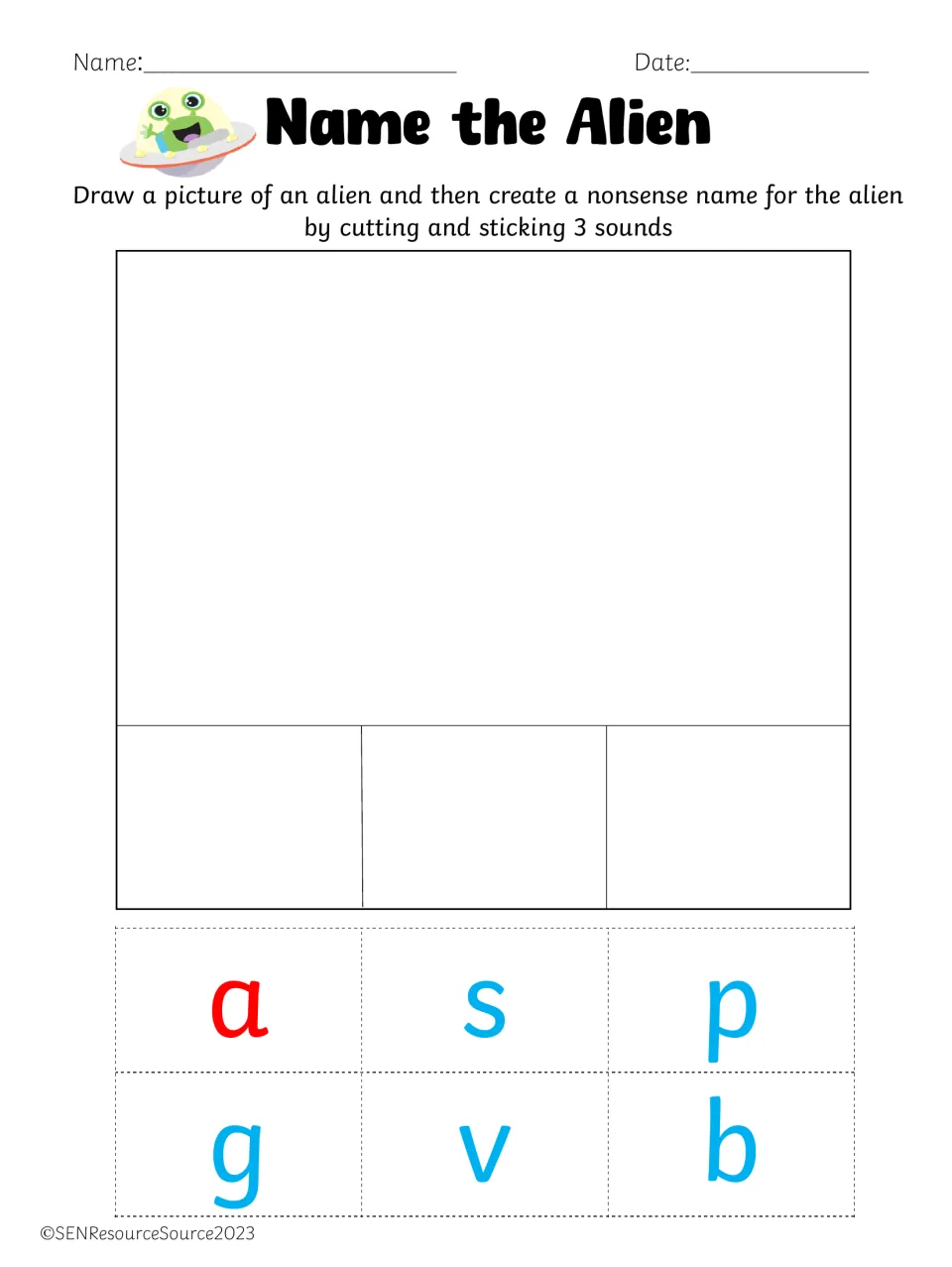 Name the Alien, vowel a: students draw an alien, then cut and glue a, s, p, g, v or b tiles to blend a nonsense name