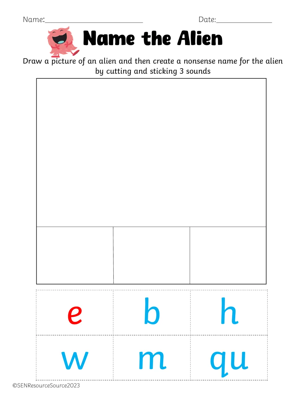 Name the Alien, vowel e: students draw an alien and cut out e, b, h, w, m or qu tiles to build a 3-sound nonsense name