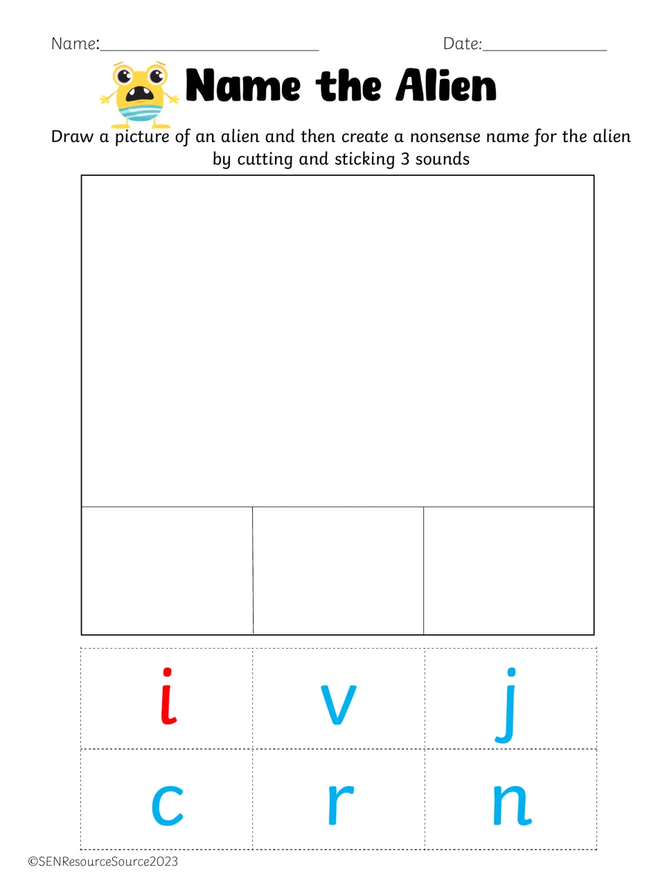 Name the Alien, vowel i: students draw an alien, then glue three of the i, v, j, c, r, n tiles to blend a made-up name