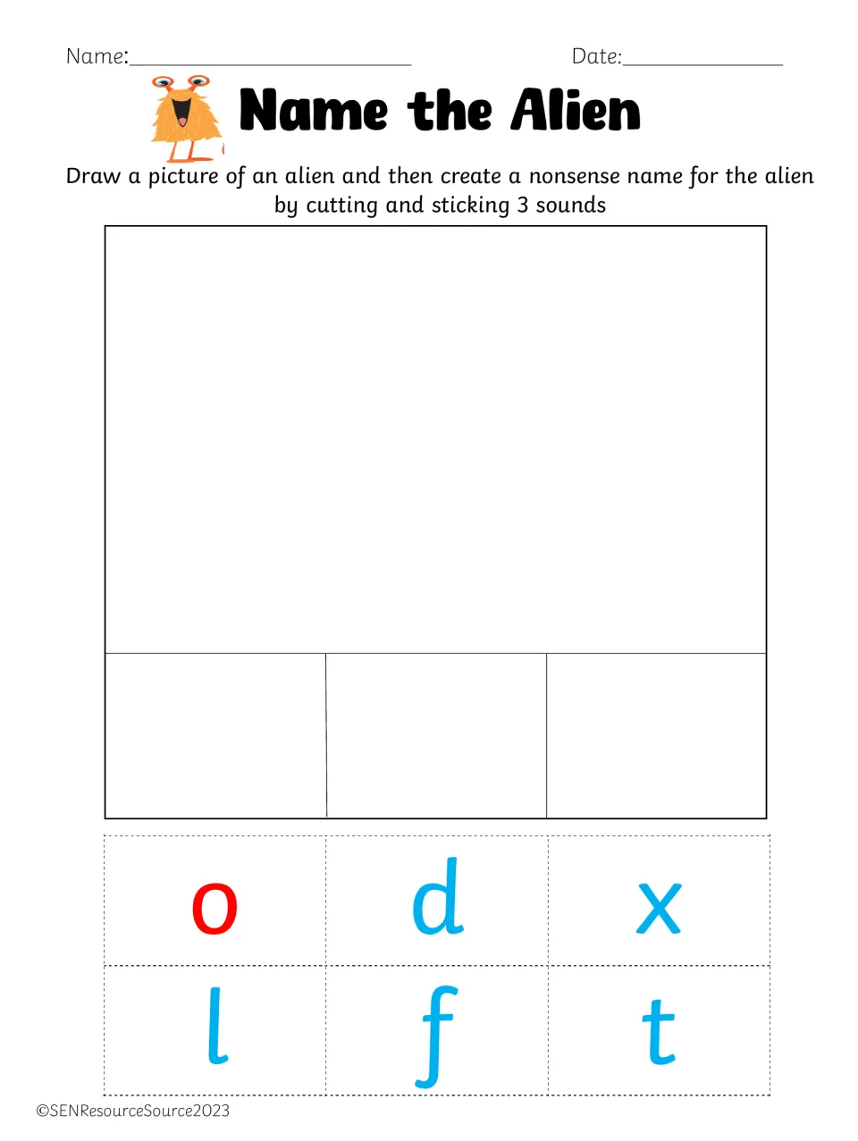 Name the Alien, vowel o: students sketch an alien and cut and stick o, d, x, l, f or t tiles to make a nonsense name