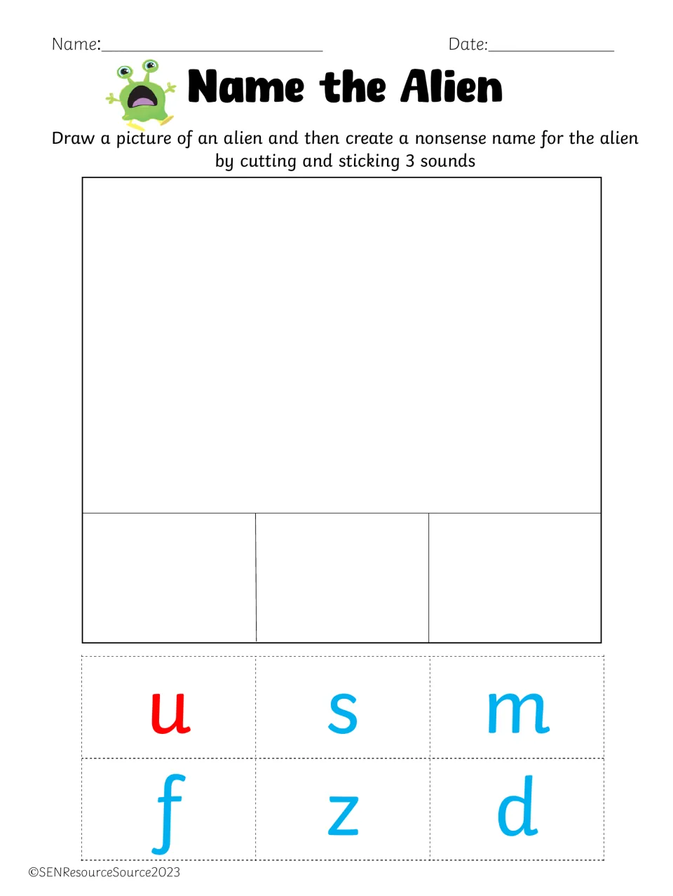 Name the Alien, vowel u: students draw their own alien and pick three of the u, s, m, f, z, d tiles to blend a silly name