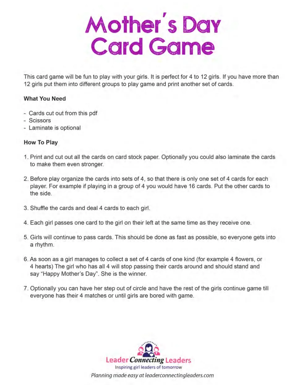 Mother's Day card-game directions for 4–12 players: deal four cards each and pass cards to collect a matching set