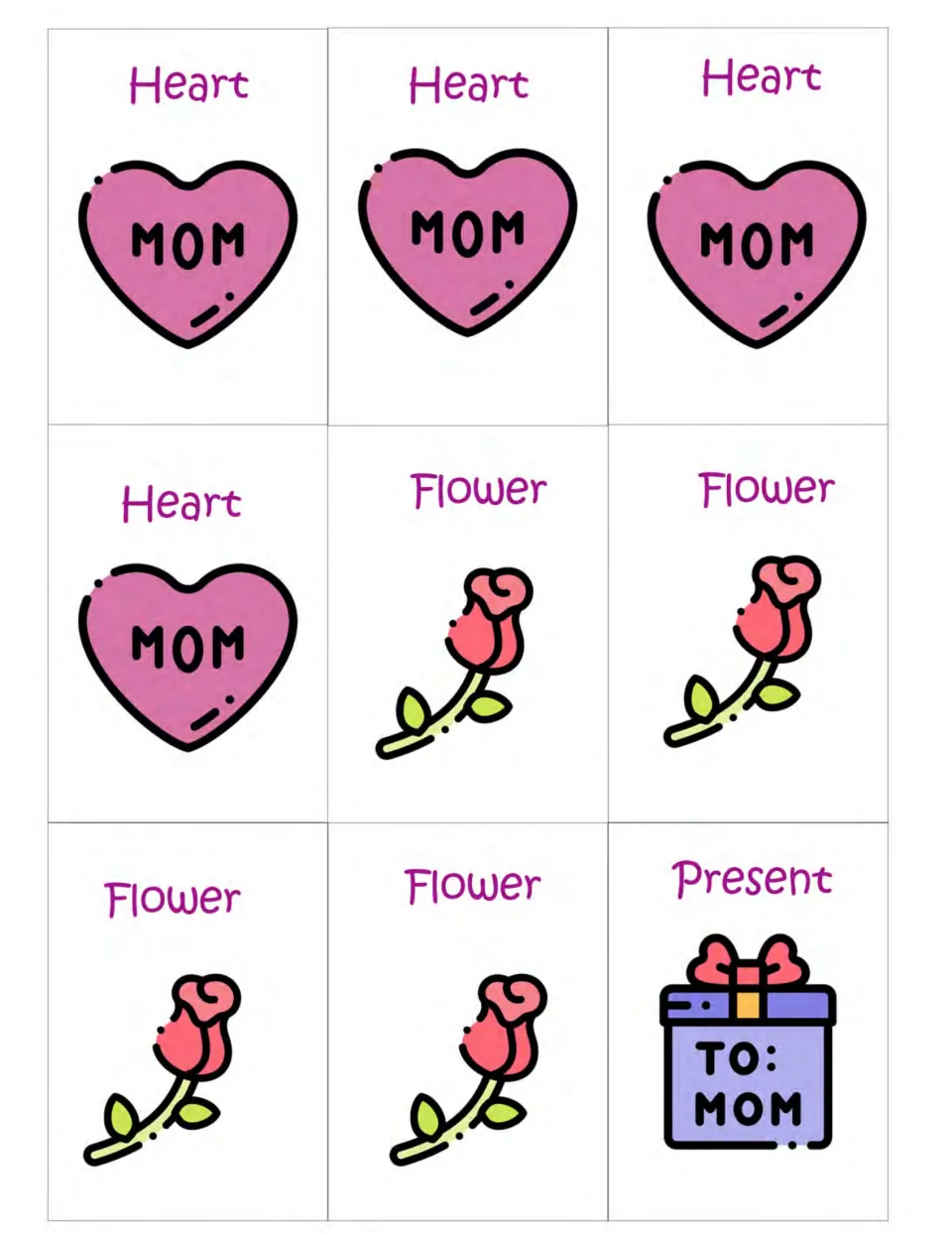 Mother's Day matching cards 1–9: four Heart cards showing MOM, four Flower cards, and one Present card