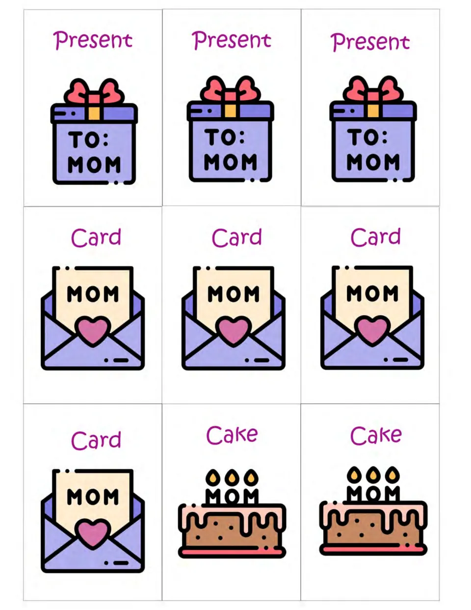 Mother's Day matching cards 10–18: three Present cards, four Card cards showing MOM, and two Cake cards