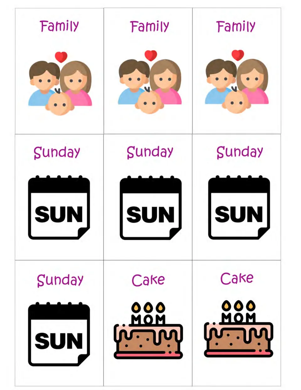 Mother's Day matching cards 19–27: three Family cards, four Sunday calendar cards, and two Cake cards