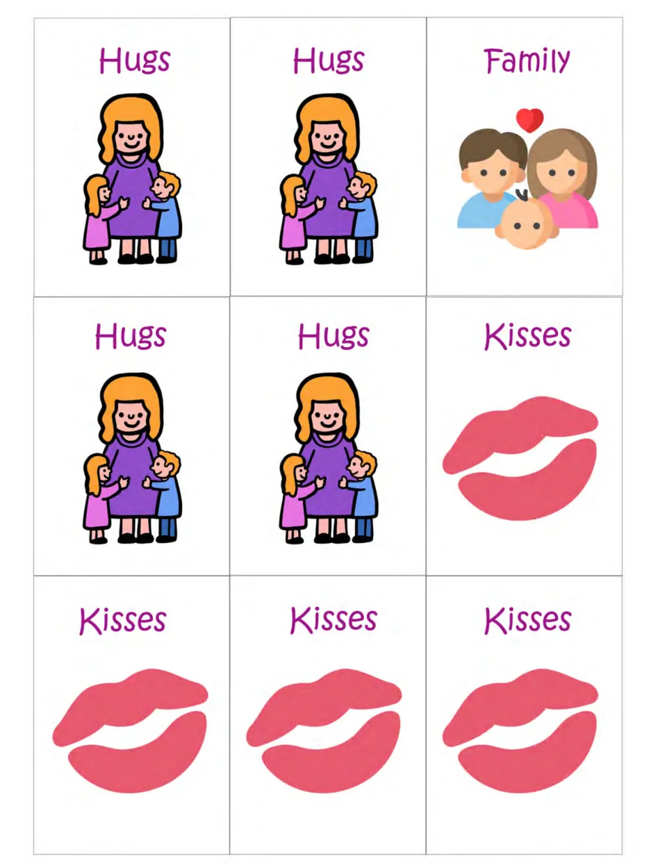 Mother's Day matching cards 28–36: four Hugs cards, one Family card, and four Kisses cards showing lips