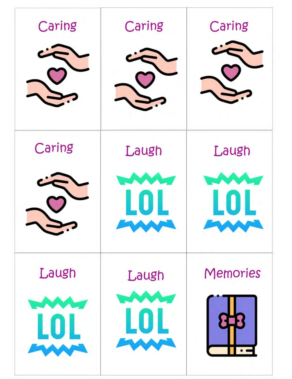Mother's Day matching cards 37–45: four Caring cards, four Laugh cards showing LOL, and one Memories card