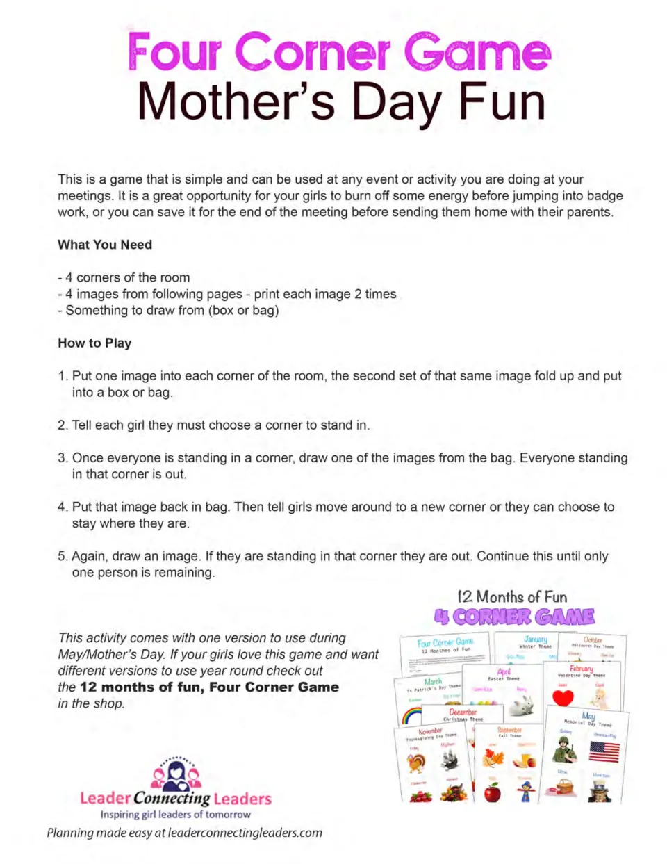 Mother's Day Four Corners directions: choose a corner, draw an image, and eliminate players in that corner
