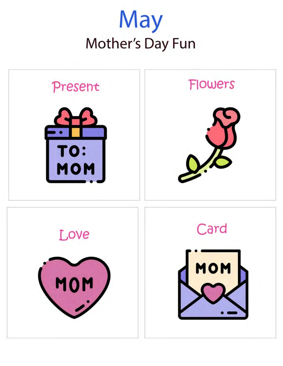 Mother's Day Four Corners game images labeled Present, Flowers, Love, and Card, to print twice for play