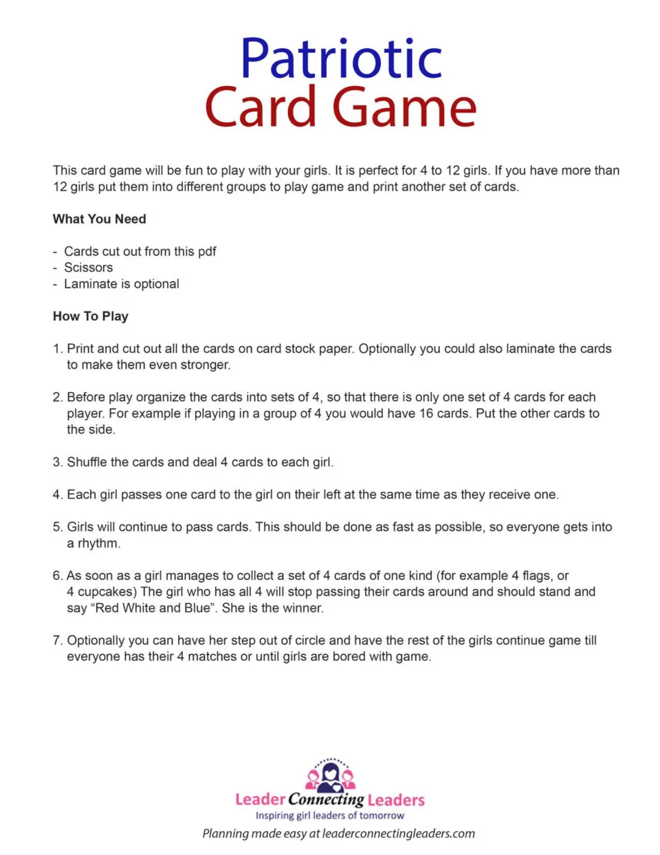 Patriotic Card Game rules: players pass cards left to collect 4 matching pictures, then stand and say Red White and Blue