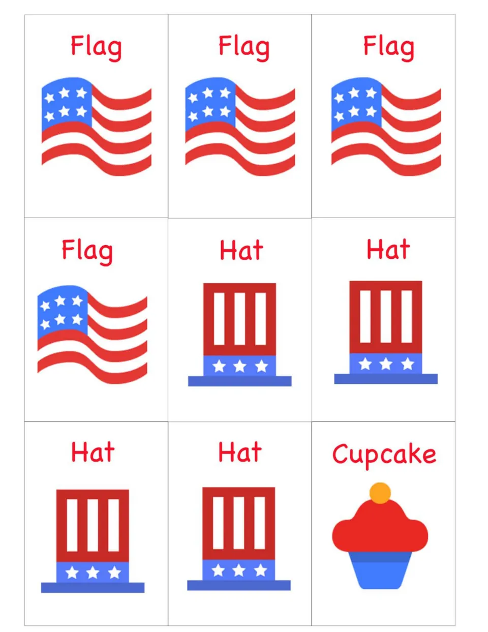 Patriotic matching cards to cut out: four Flag cards, four Hat cards and one Cupcake card with red, white and blue icons