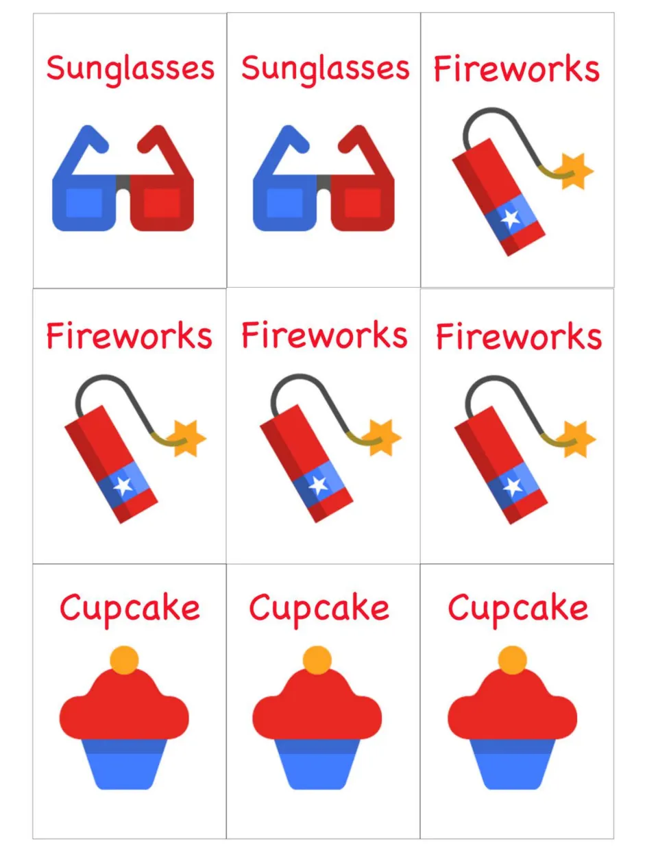 Patriotic matching cards to cut out: two Sunglasses, four Fireworks and three Cupcake cards for building sets of four