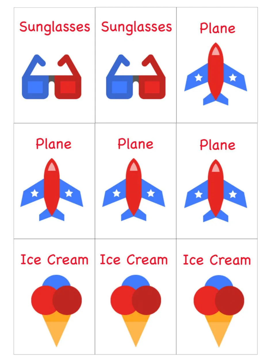 Patriotic matching cards to cut out: two Sunglasses, four Plane and three Ice Cream cards, each with a labeled icon