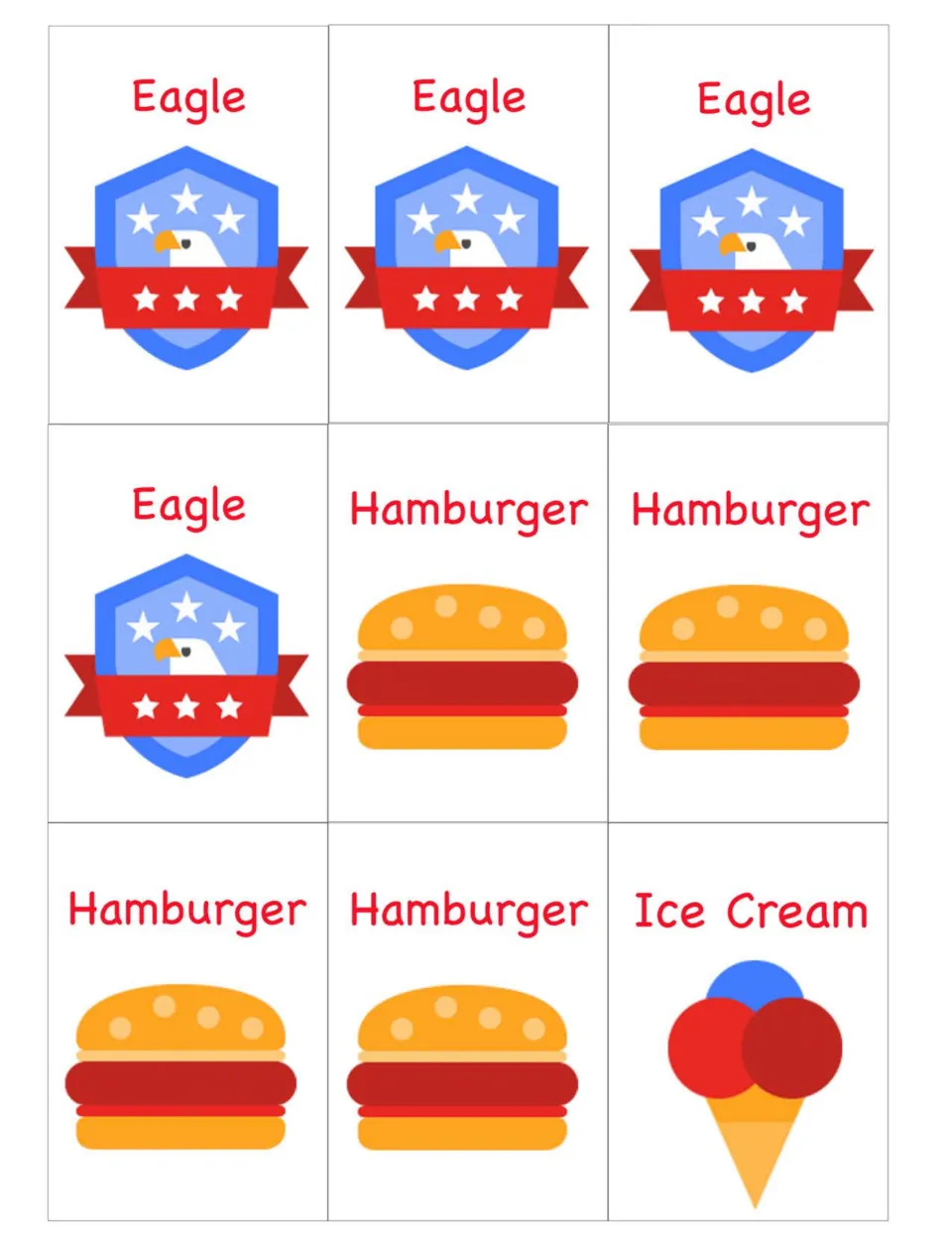 Patriotic matching cards to cut out: four Eagle badge cards, four Hamburger cards and one Ice Cream card