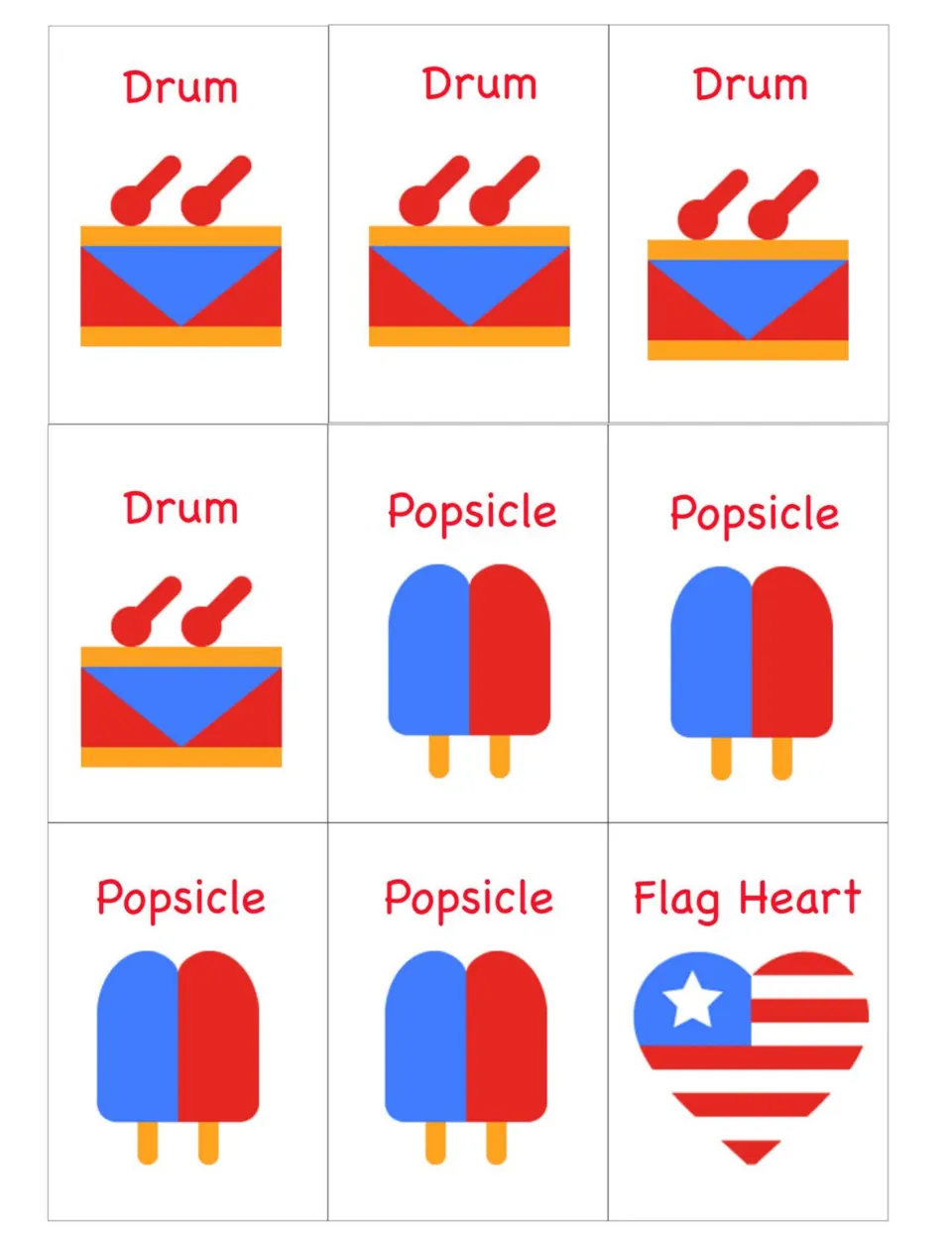 Patriotic matching cards to cut out: four Drum cards, four Popsicle cards and one Flag Heart card in red and blue