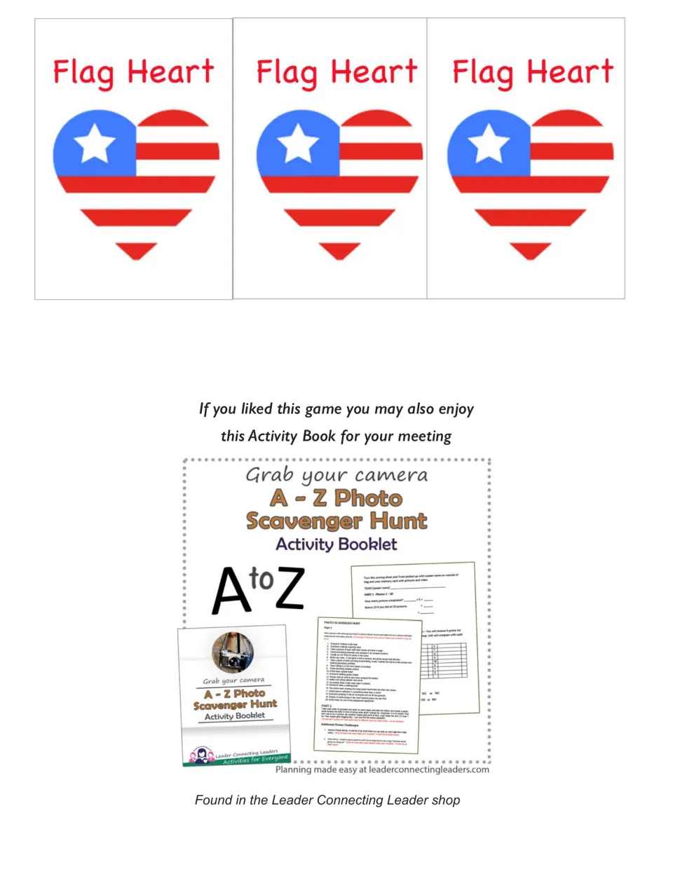 Final three Flag Heart matching cards to cut out, above an ad for the A to Z Photo Scavenger Hunt Activity Booklet