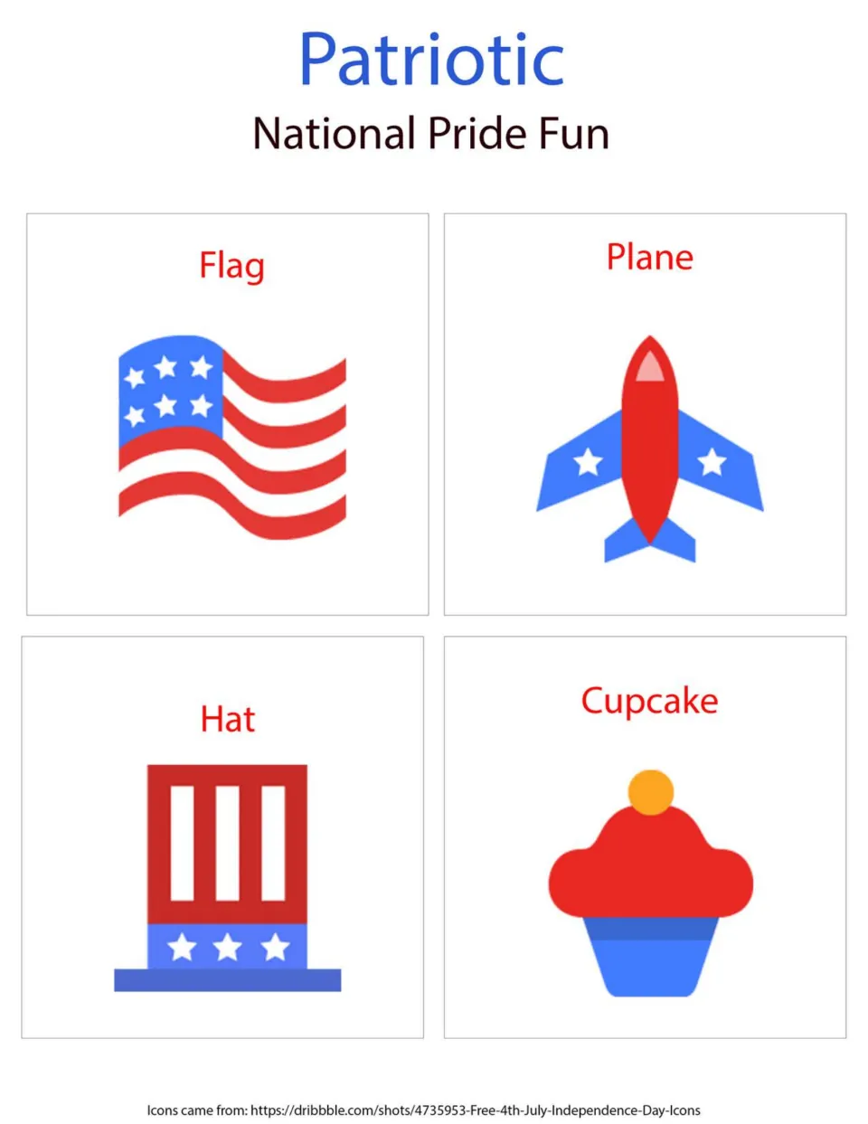 Patriotic National Pride Fun corner signs: Flag, Plane, Hat and Cupcake pictures to post in the four corners of the room
