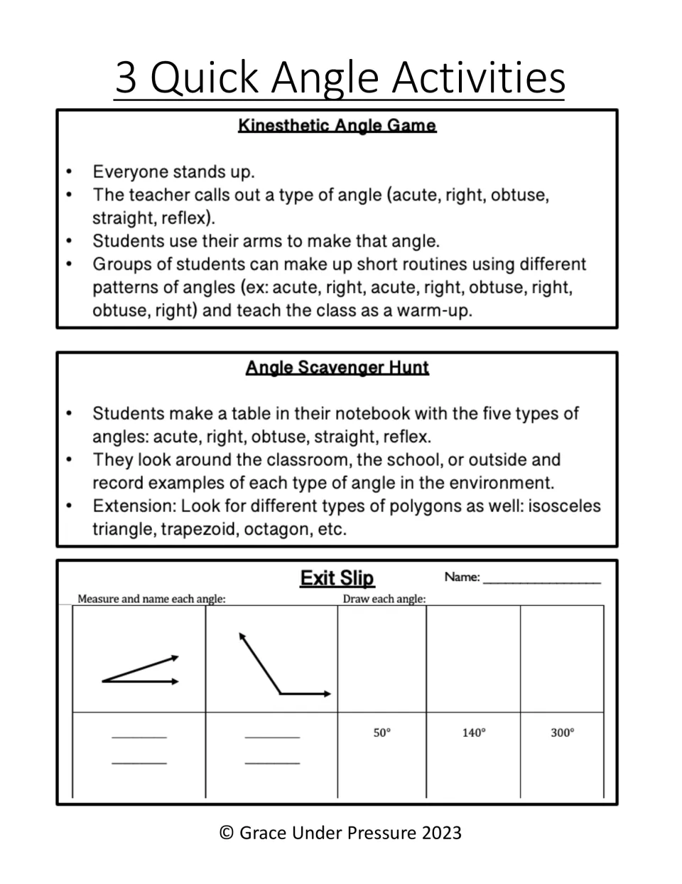 Angle types: arm-pose game, angle scavenger hunt, and exit slip to measure two angles and draw 50°, 140° and 300°