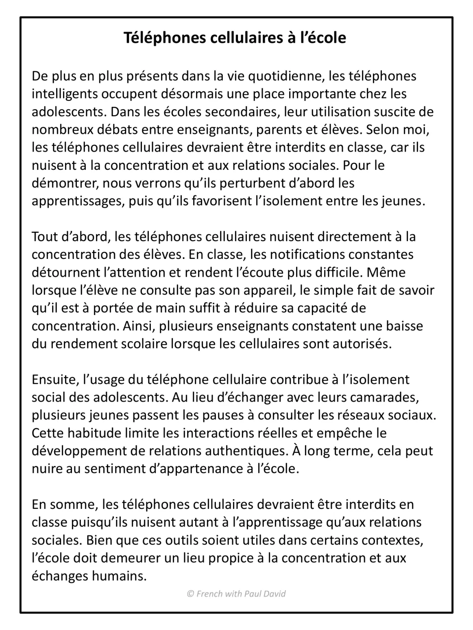 Model French argumentative essay "Téléphones cellulaires à l'école" arguing phones should be banned in class