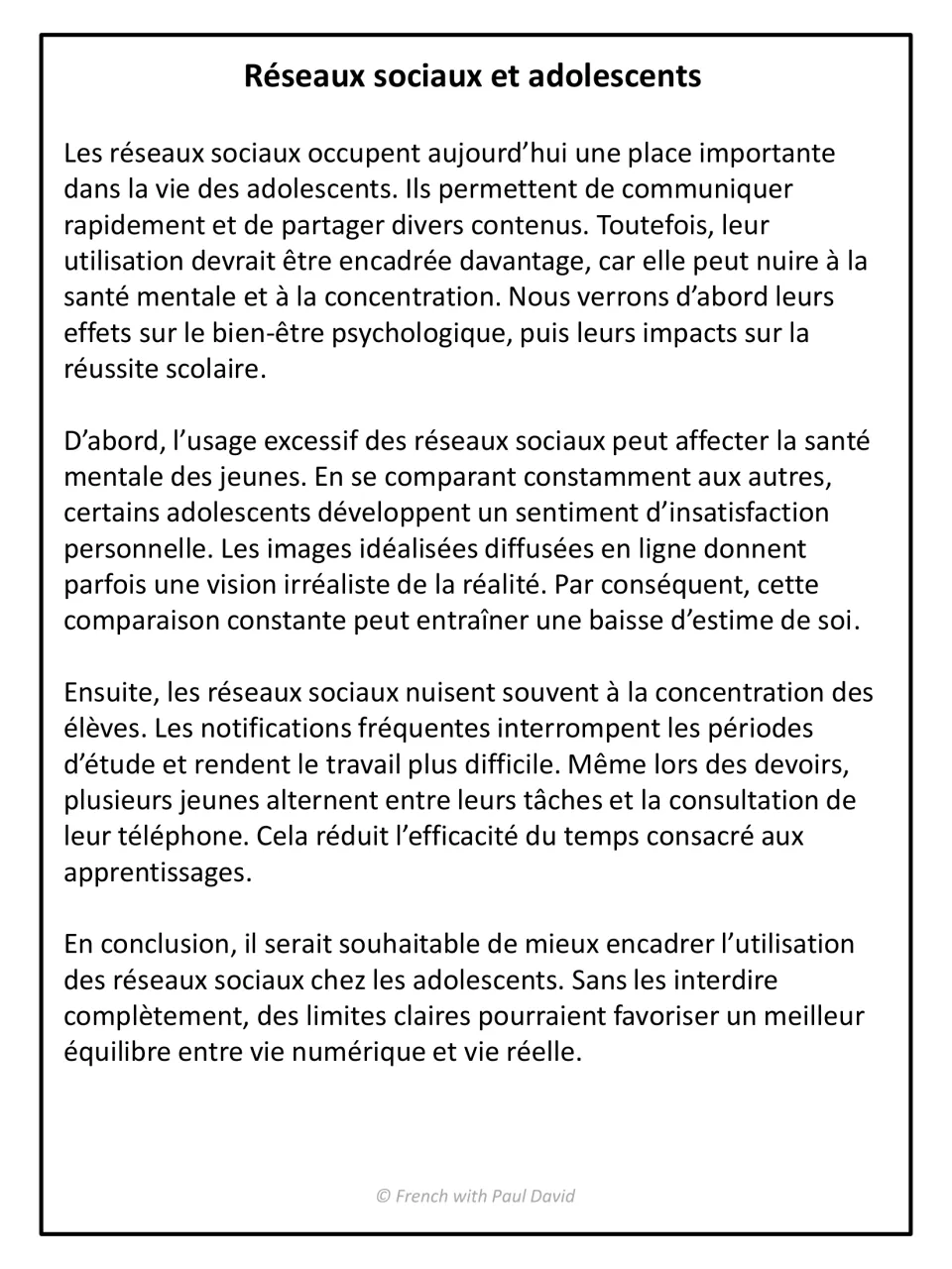 Model essay "Réseaux sociaux et adolescents" in French arguing teen social media use needs limits for mental health
