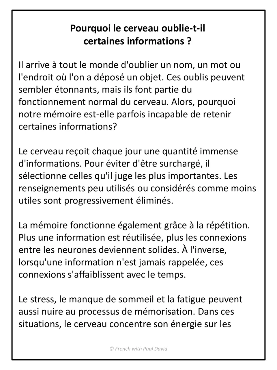 French explanatory text on why the brain forgets: students read about information overload, repetition and stress