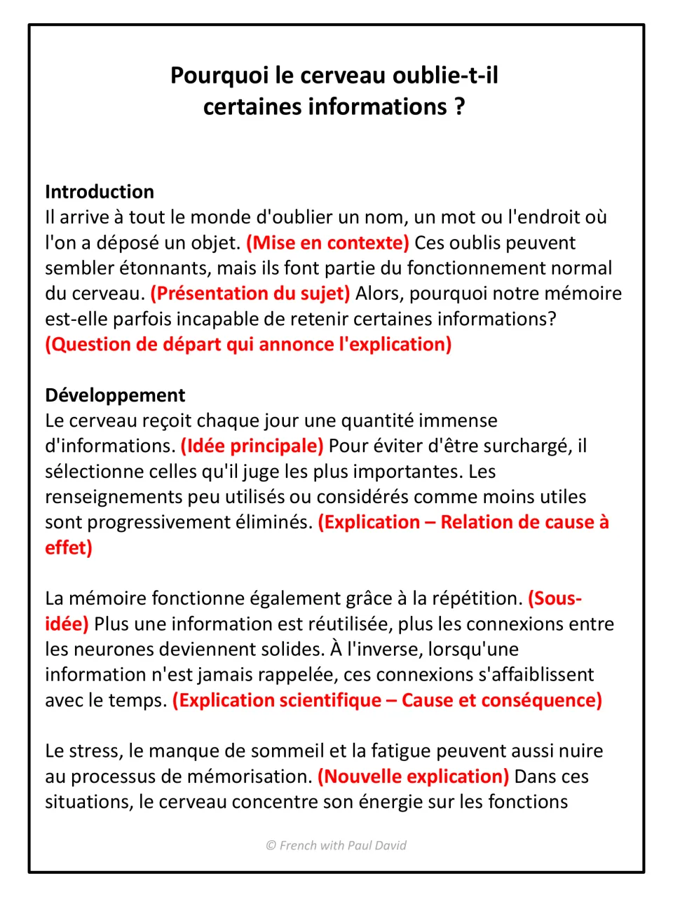 Memory text with red labels marking the introduction and development: context, topic, main idea, cause and effect
