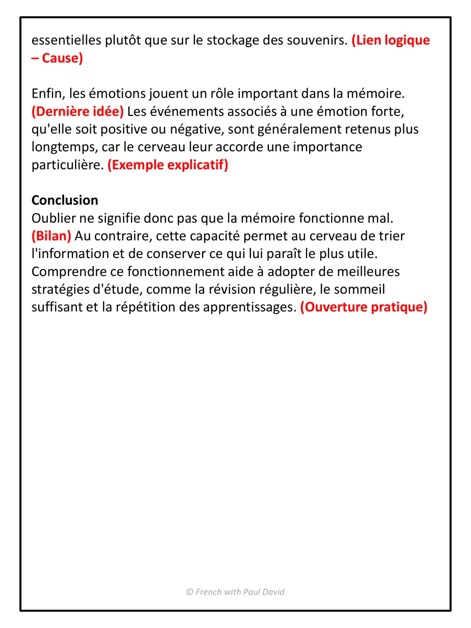 Memory text annotations continue: red labels for logical link, last idea, example, then Bilan and Ouverture pratique