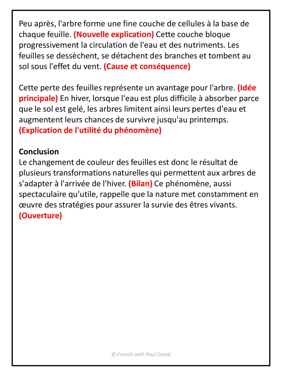 Leaves text annotations end: red labels for new explanation, main idea, usefulness of the phenomenon, Bilan, Ouverture