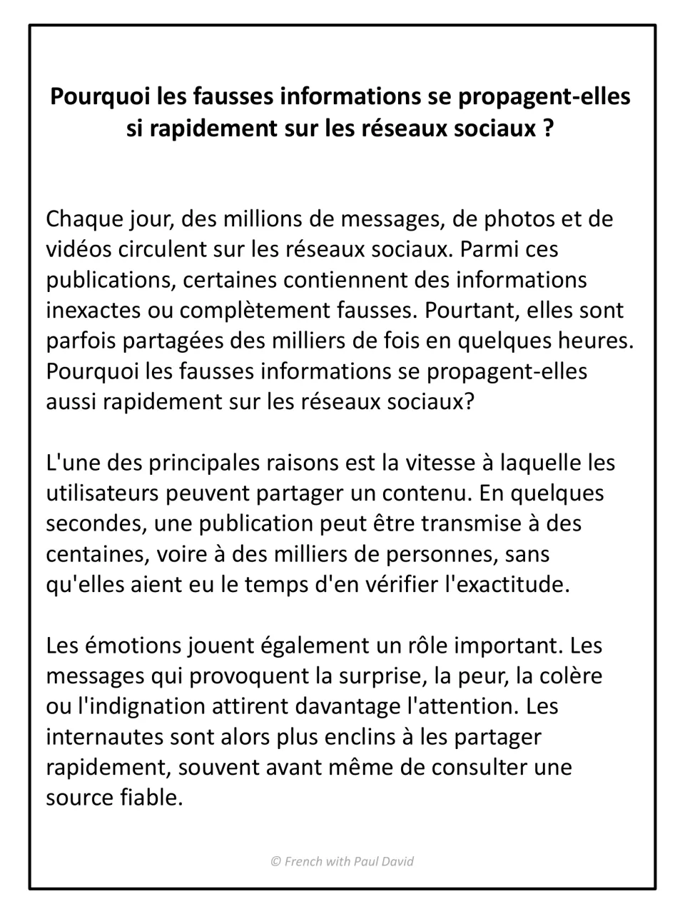 French text on why fake news spreads fast on social media: students read about instant sharing and emotional posts