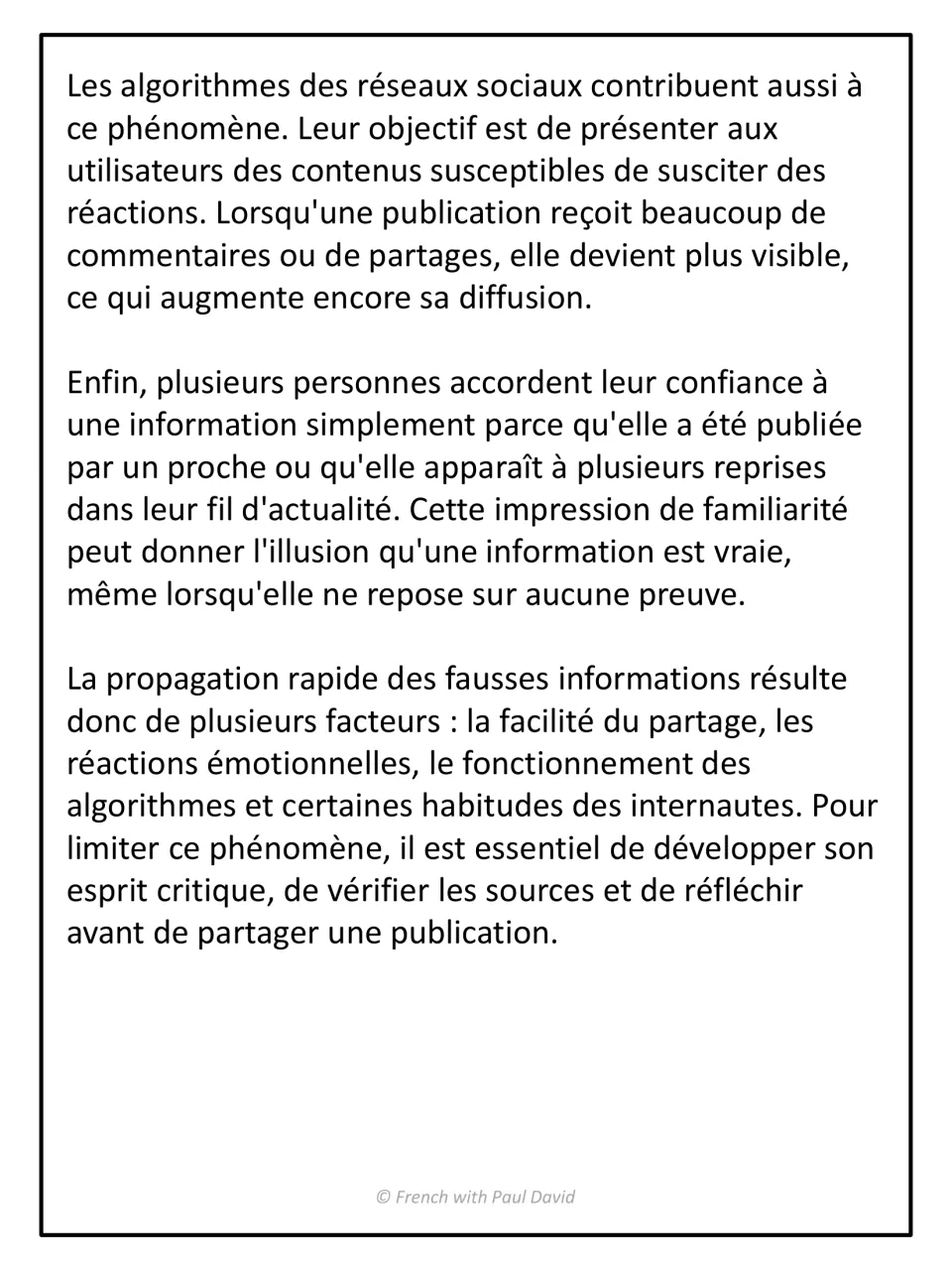 Fake news text concludes: algorithms, trust in familiar posts, and advice to check sources and think before sharing
