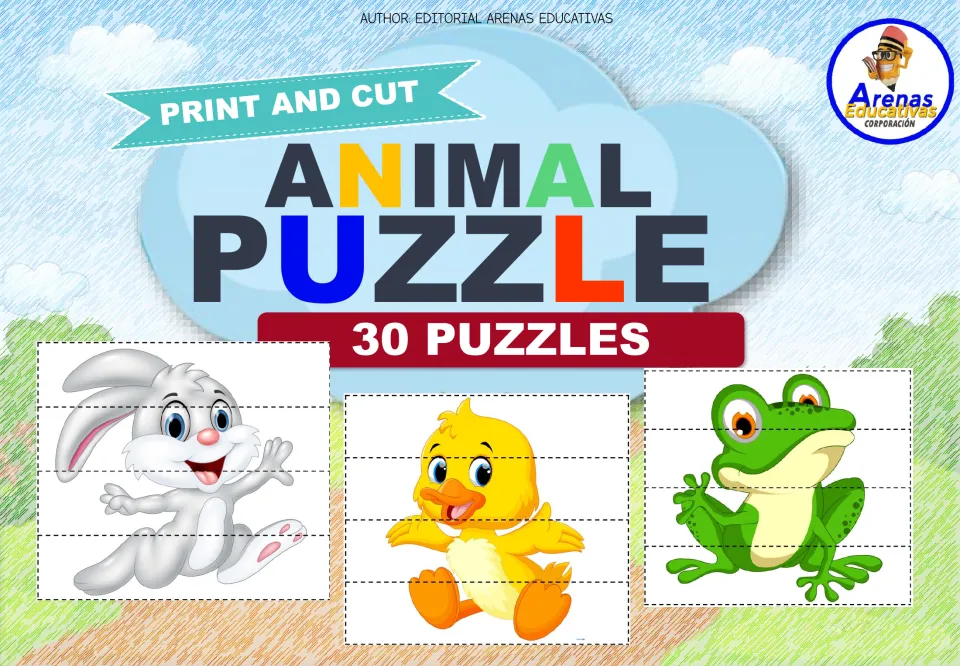 Animal puzzle resource cover labeled 'Print and Cut' and '30 Puzzles', showing rabbit, duck and frog samples