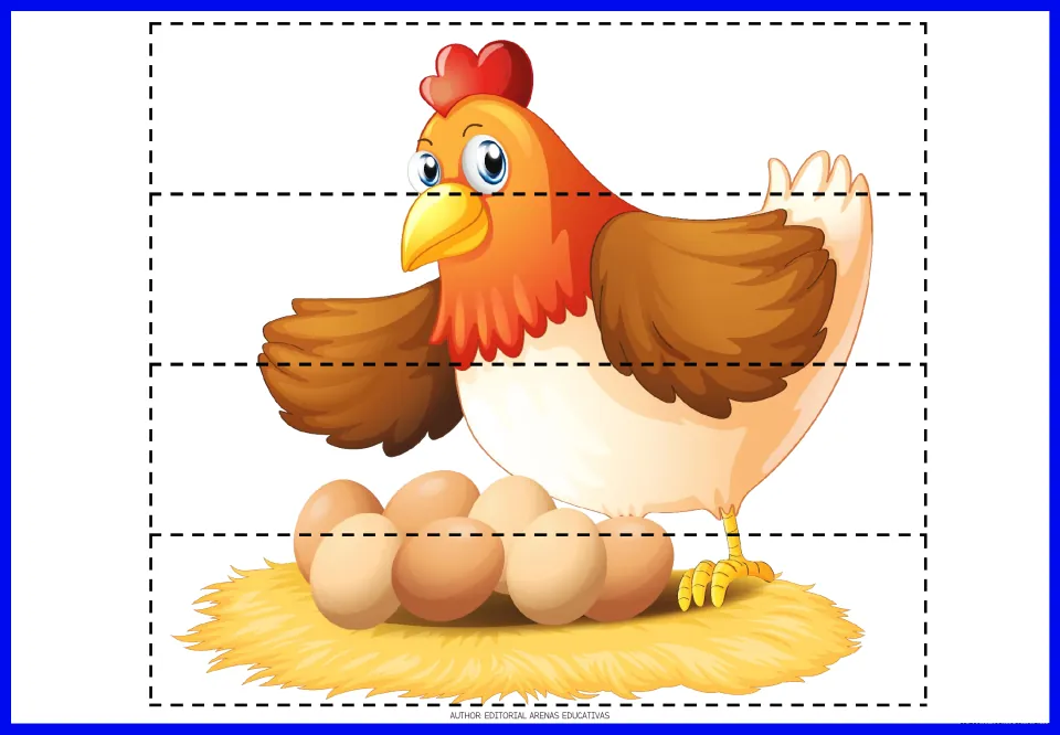 Four-piece chicken puzzle to print, cut and reassemble, showing a brown chicken beside eggs in a straw nest
