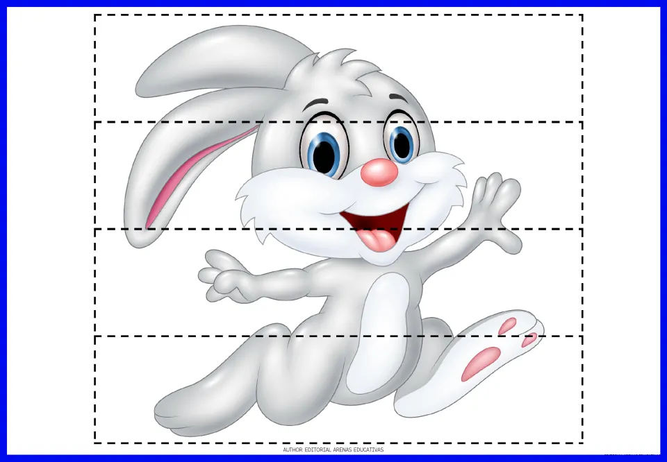 Four-piece rabbit puzzle to print, cut and reassemble, showing a gray rabbit with long ears and a pink nose
