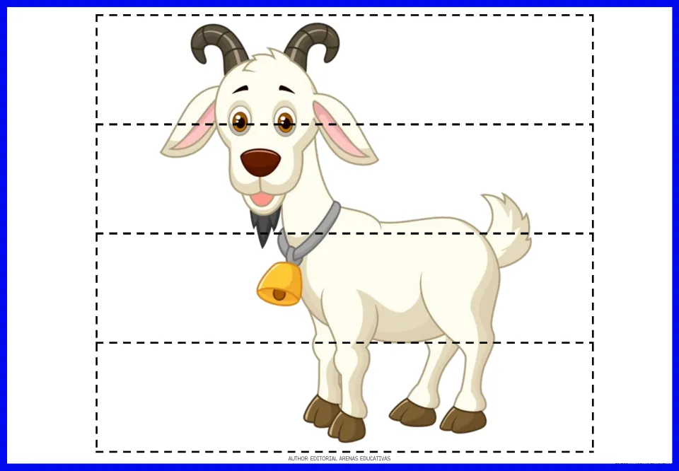 Four-piece goat puzzle to print, cut and reassemble, showing a white goat with curved horns and a gold bell