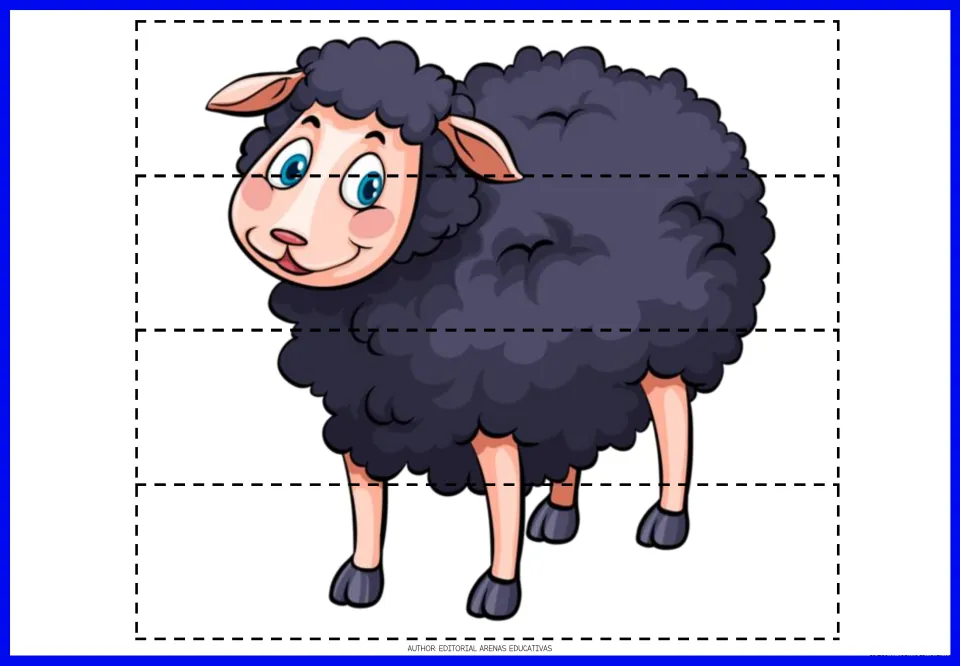 Four-piece sheep puzzle to print, cut and reassemble, showing a sheep with dark wool, pink ears and hooves