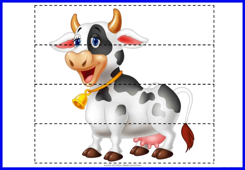 Four-piece cow puzzle to print, cut and reassemble, showing a black-and-white cow wearing a gold bell