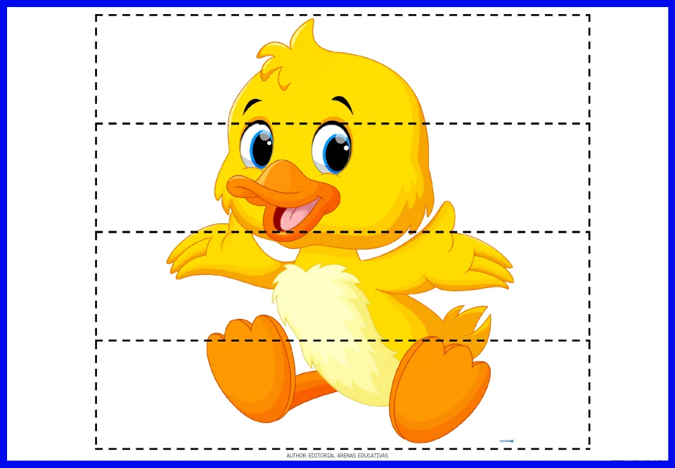 Four-piece duck puzzle to print, cut and reassemble, showing a yellow duck with an orange bill and feet