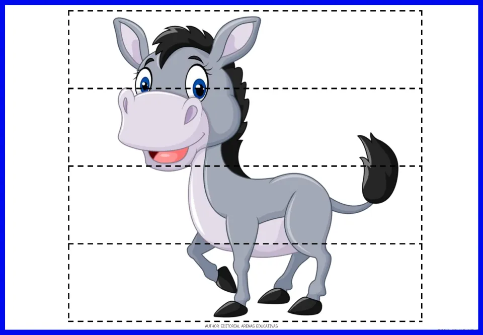 Four-piece donkey puzzle to print, cut and reassemble, showing a gray donkey with long ears and a black mane