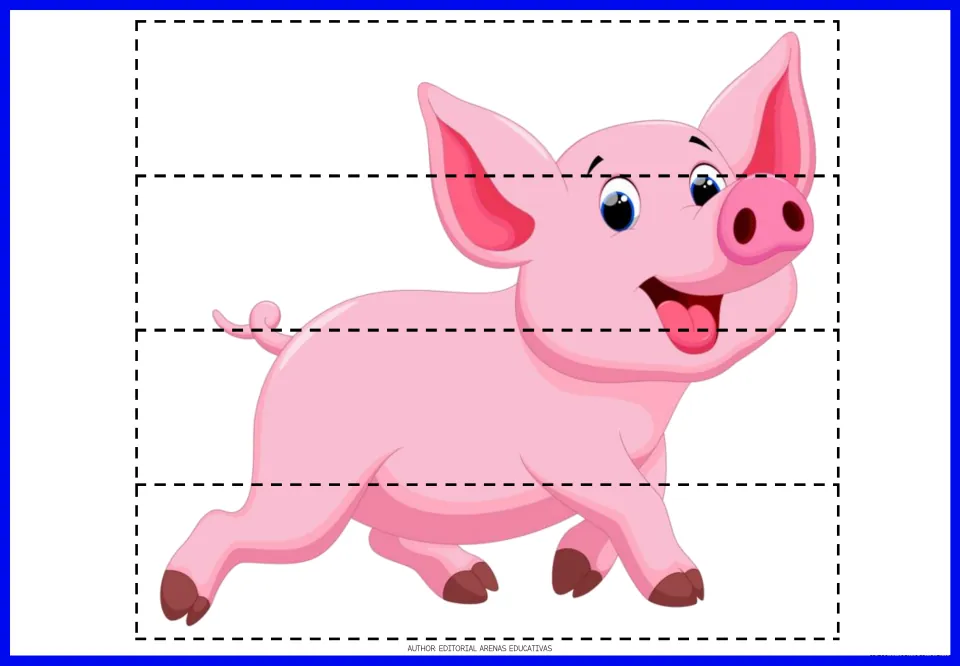 Four-piece pig puzzle to print, cut and reassemble, showing a pink pig with a curly tail and dark hooves
