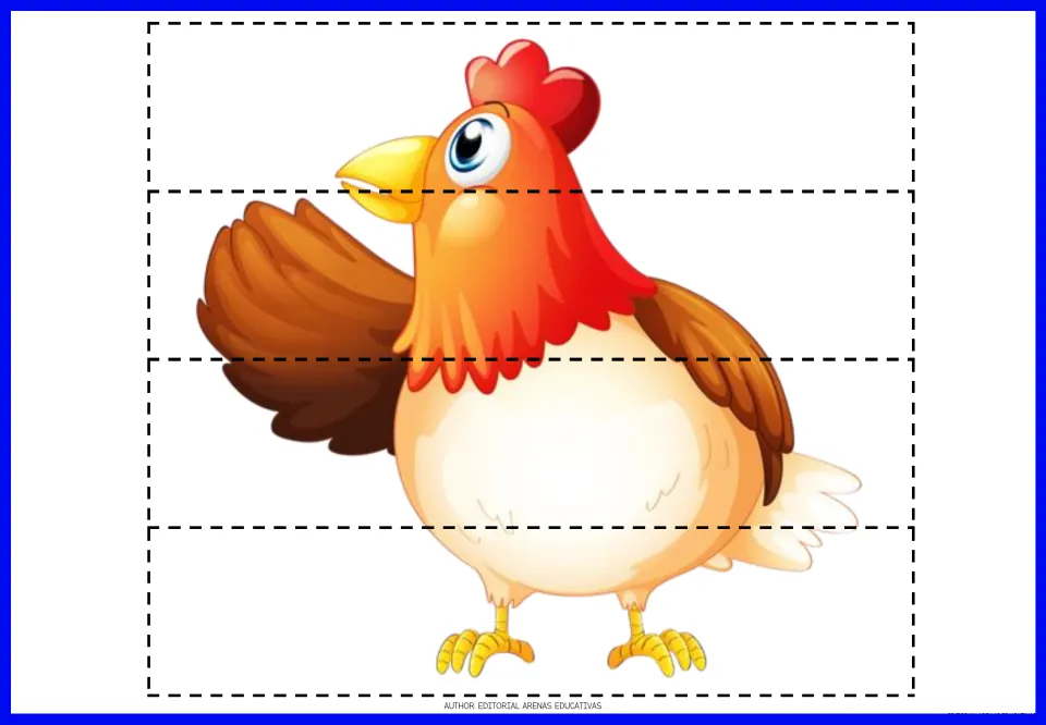 Four-piece chicken puzzle to print, cut and reassemble, showing a chicken with one wing raised and a red comb