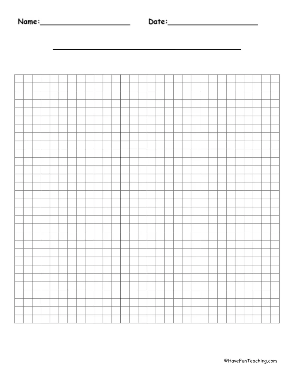 Blank 30 by 30 graph paper with name, date and title lines, for students to plot points, draw graphs or sketch shapes