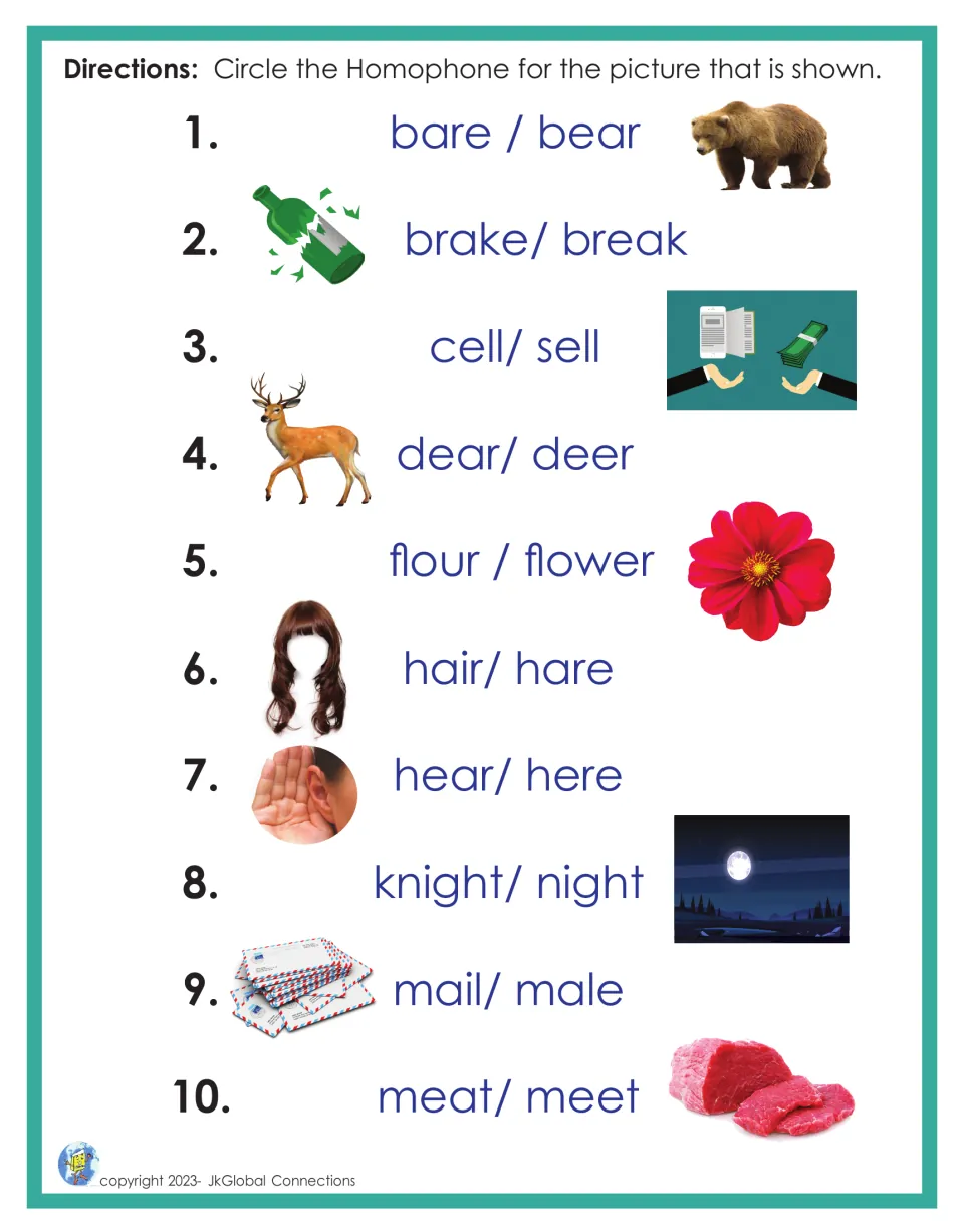 Homophone practice 1-10: students circle the word that matches each picture, such as bear, break, deer, flower and meat