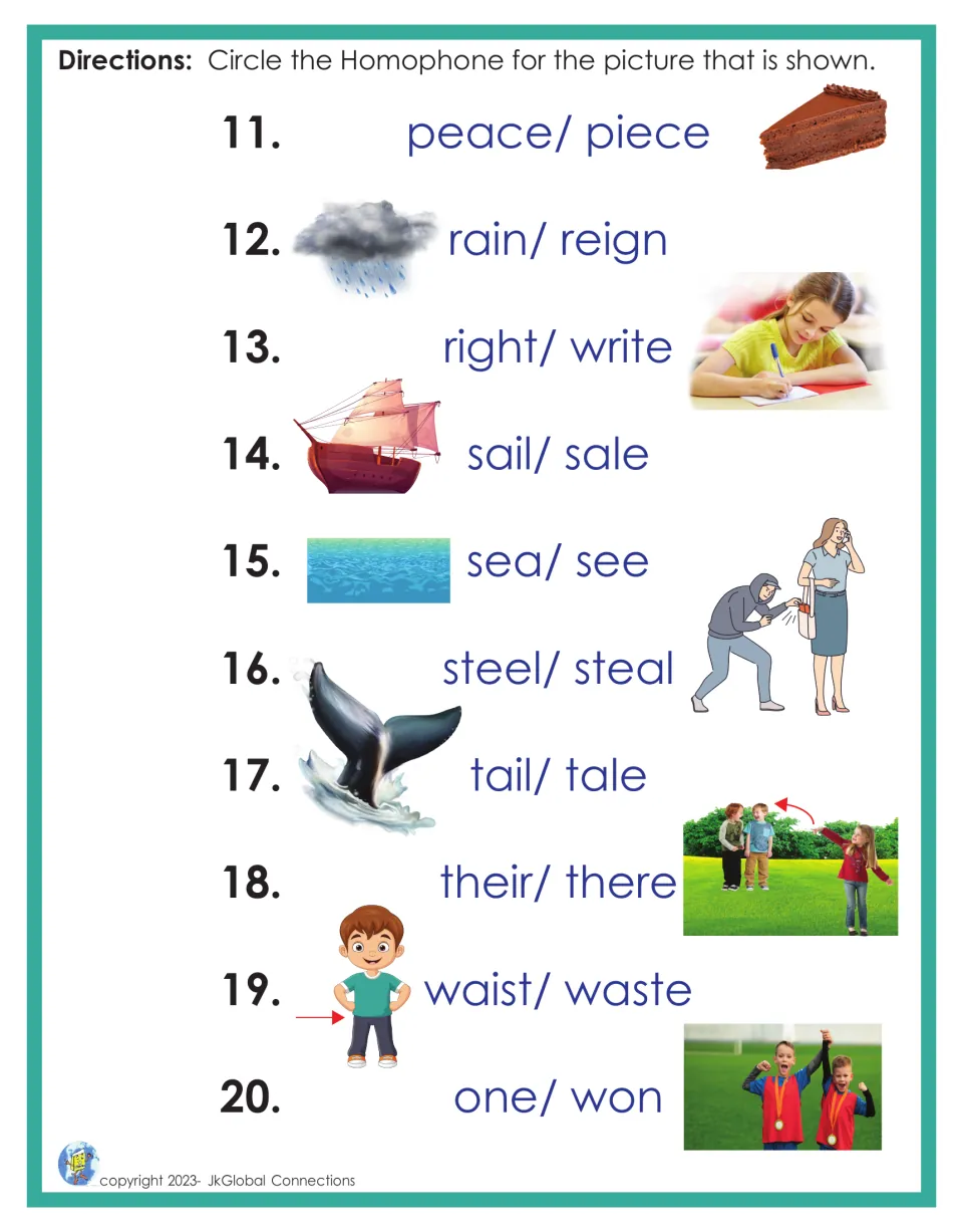 Homophone practice 11-20: students circle the pictured word in pairs like peace/piece, sail/sale, their/there, one/won