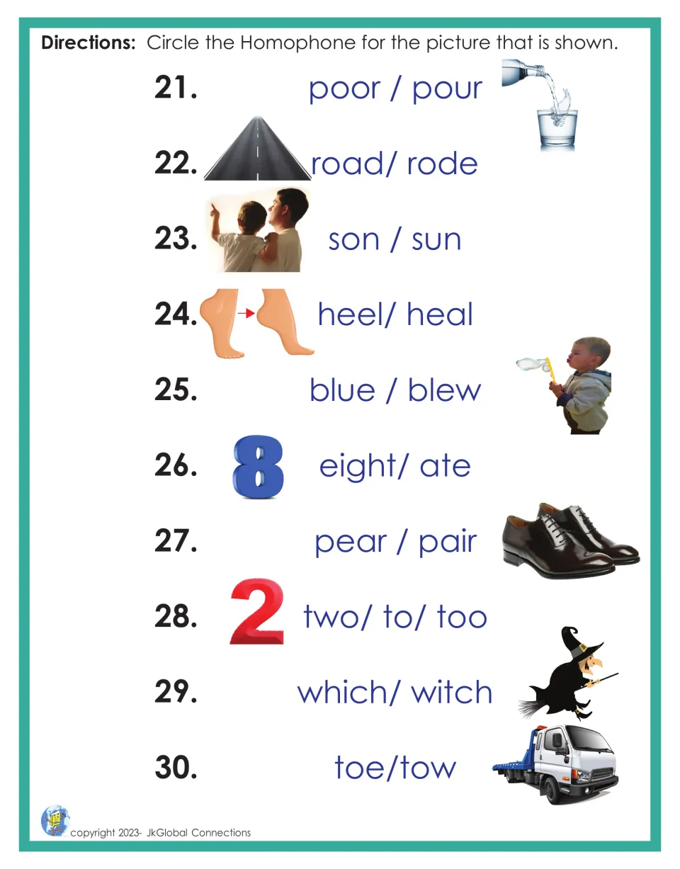 Homophone practice 21-30: students circle the pictured word in sets like poor/pour, eight/ate, two/to/too, toe/tow