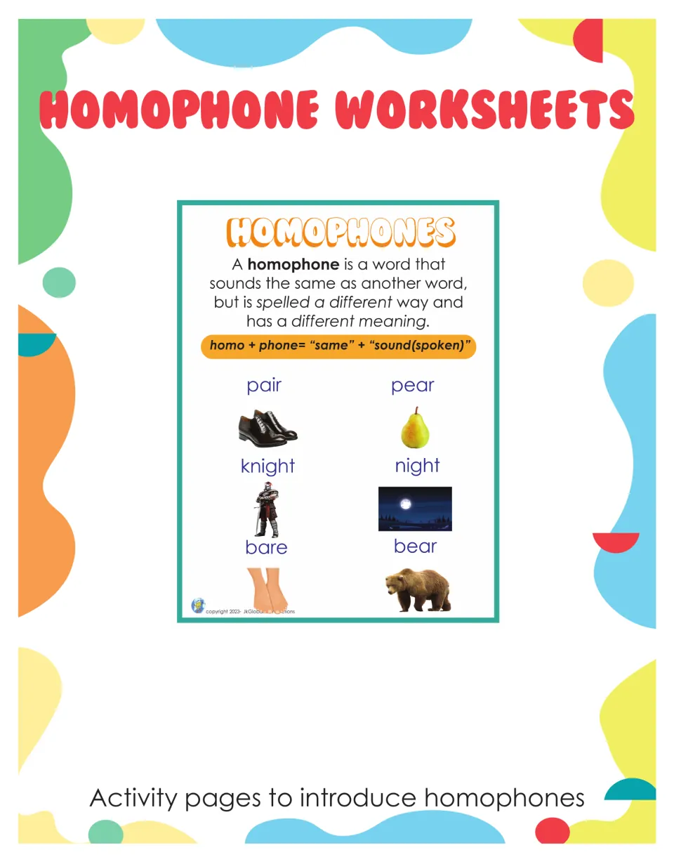 Homophone Worksheets title page showing the homophones definition chart, labelled activity pages to introduce homophones