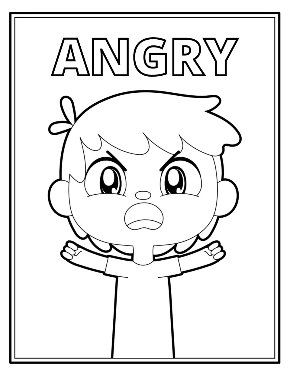 Angry feeling: outlined word ANGRY above a child with furrowed brows, open mouth and both fists raised, ready to colour