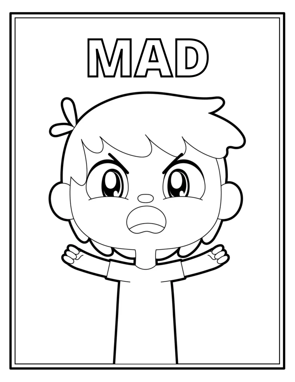Mad emotion word in bubble letters over a scowling child shaking both fists, for colouring and naming the feeling